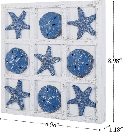Beach Decor Tic Tac Toe 5 Sand Dollars & 5 Starfish Pieces Wood Board Travel Game for Coastal House Coffee Table Decor, Blue6