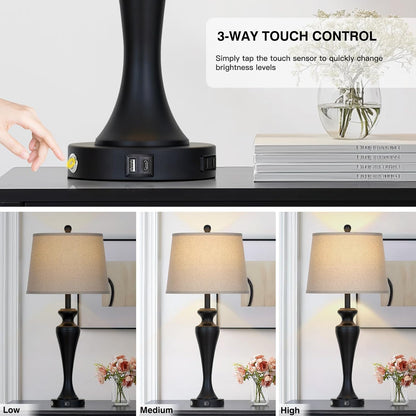 30 Inch Black Table Lamp Single, 3-Way Dimmable Touch Control Living Room Lamps with USB A+C Ports and AC Outlet, Tall Bedside Lamps for Nightstand, Modern Metal Bedroom Lamp, Bulb Included4