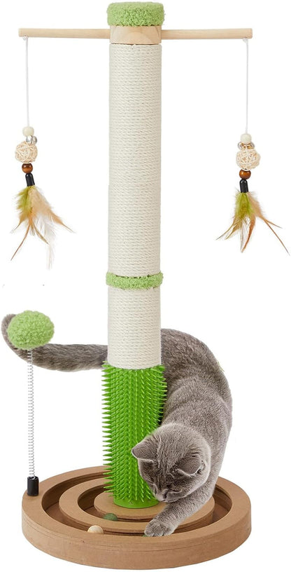 Cat Scratching Post, 26" Tall Scratch Post with Hanging Toy for Indoor Cats | Sisal Cat Scratcher Post with Grooming Brush, Double-Layer Interactive Wooden Ball Track, for Small Cats and Kittens Play1