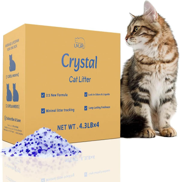 LMJP Crystal Cat Litter with Powerful Odor Control, Non-Clumping, Lasts up to 4 Months, 17.2Lb, Rapid Water Absorption, Unscented & Low Tracking Lightweight Blue & White Silica, 4 Pack of 4.3Lb1