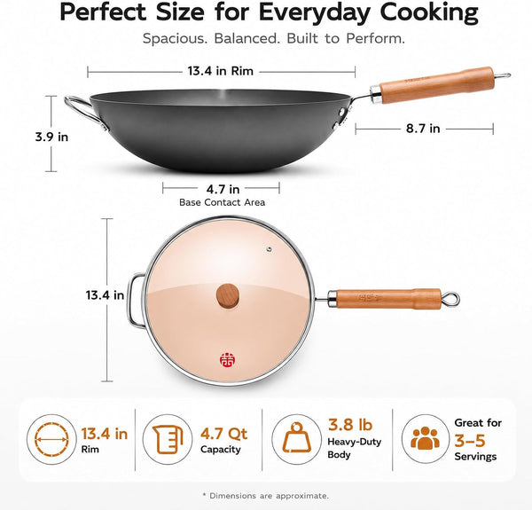 13.4 Inch Carbon Steel Wok Pan with Glass Lid, Flat Bottom Chinese Stir Fry Wok for Induction, Gas and Electric Stoves, Uncoated Iron Wok for Stir Frying, Sautéing and Deep Frying4