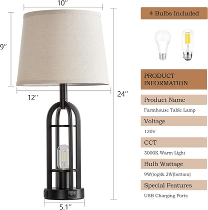 Black Table Lamps for Living Room Set of 2 - Farmhouse Lamps for Night Stands with USB A+C, Bedside Lamps for Bedroom, 24'' Industrial Lamp for Living Room End Tables6