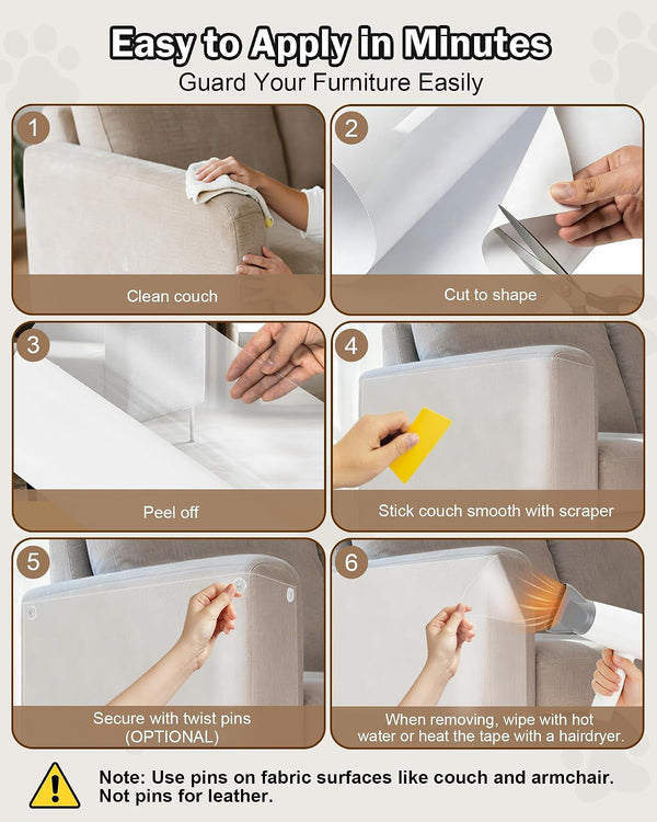 Cat Scratch Furniture Protector Couch - 1 Roll Clear PET 7.9 X 196.8 Inch | Protects Couch from Cat Claws, Strong Adhesion, Grid Backing, 1 Scraper, 30 Twist Pins, for Sofa, Armchair, Door, Wall, Bed6