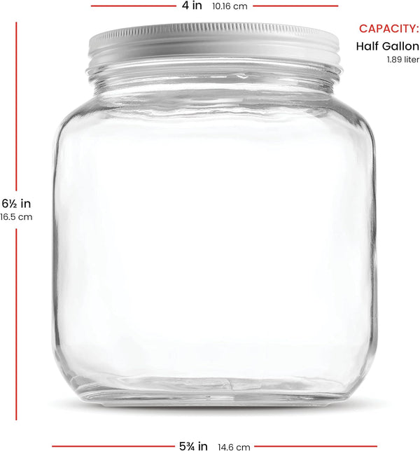 64 Oz Mason Jar, Half Gallon Jar, Wide Mouth, Clear, 4 Pack | Half Gallon Mason Jar, Airtight Metal Lid, 4 in Wide Mouth, Usa-Made Soda-Lime Glass, Canning, Fermenting, Dry Food Storage7