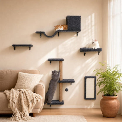 6-In-1 Cat Wall Shelves for Indoor Cats, Wall Mounted Furniture with Bed, Cave, Perch & Scratching Post, Multi-Level Climbing System, Space-Saving Playground, Natural Wood Gray1