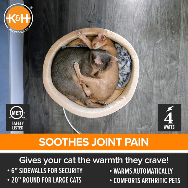 K&H Pet Products Thermo-Kitty Bed Heated Cat Beds for Large Indoor Cats & Dogs, Calming Warming Pillow Pet Bed, Machine Washable, Removable Heater, Safety Listed - Large 20" round Mocha/Tan3