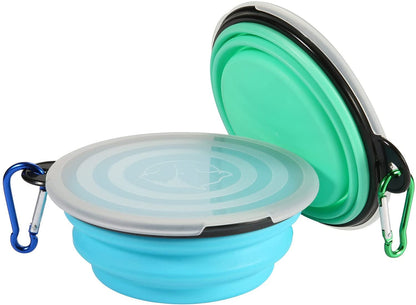 SLSON Collapsible Bowl with Cover Lids,2 Pack Dog Travel Bowls Portable Foldable Cat Water Dish Bowl for Pets Walking Parking Camping (Light Blue and Green, Small)2