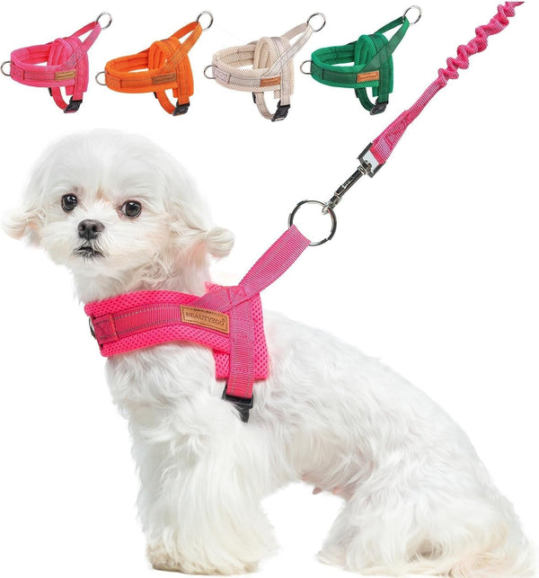 BEAUTYZOO Dog Harness No Pull, Quick Fit Dog Harness and Leash Set, Escape Proof Vest Harness with Soft Handle, Reflective Breathable Mesh Padding Harness for Medium Size Dog Training Walking, Beige M26