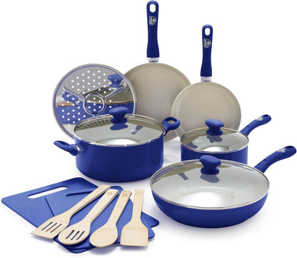 Sandstone Healthy Ceramic Nonstick, 15 Piece Kitchen Cookware Pots and Frying Sauce Pans Set, PFAS- Free, Dishwasher Safe, Blue1