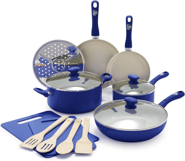 Sandstone Healthy Ceramic Nonstick, 15 Piece Kitchen Cookware Pots and Frying Sauce Pans Set, PFAS- Free, Dishwasher Safe, Blue1