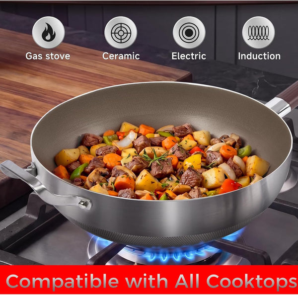 Titanium Wok Pan Non Stick Stainless Steel Woks & Stir-Fry Pans for All Stoves Home Use (13In)3