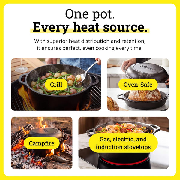 Cast Iron Double Dutch Oven, 2-In-1 Pot and Skillet Combo, 5 Quart | Pfas-Free & Non-Toxic Oven-Safe Cast Iron Dutch Oven with Loop Handle, Even Heat Retention, Ideal for Sourdough Bread Baking5