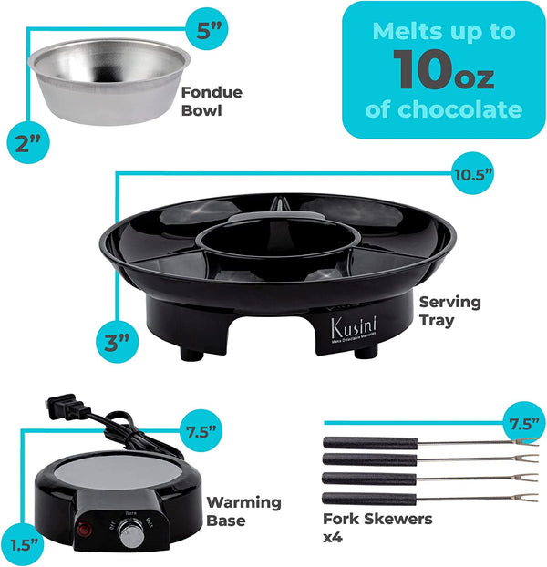 Electric Fondue Pot Set – Chocolate Fondue Kit - Temperature Control | Detachable Serving Tray, 10Oz Melting Pot, 4 Roasting Forks - Gift Set & Date Night Idea. Serve at Movie Night or Game Night.3