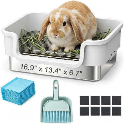 Stainless Steel Sifting Litter Box for Rabbit, Bunny, 16.9×13.4 In(L×W) | Raised Border, Split Double-Layer, Metal Grate, Easy Clean, Extra-Large Space for Guinea Pig, Ferret1