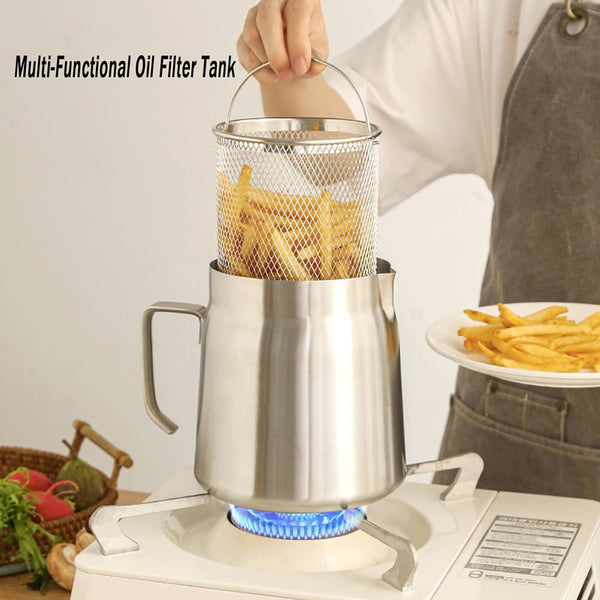 68Oz 304 Stainless Steel Deep Fryer Pot with Basket & Strainer, Large Capacity Bacon Grease Container for Kitchen,Frying, Cooking, Camping,Oil Filter Container - Dishwasher Safe (68Oz/2L/2.1Qt)9
