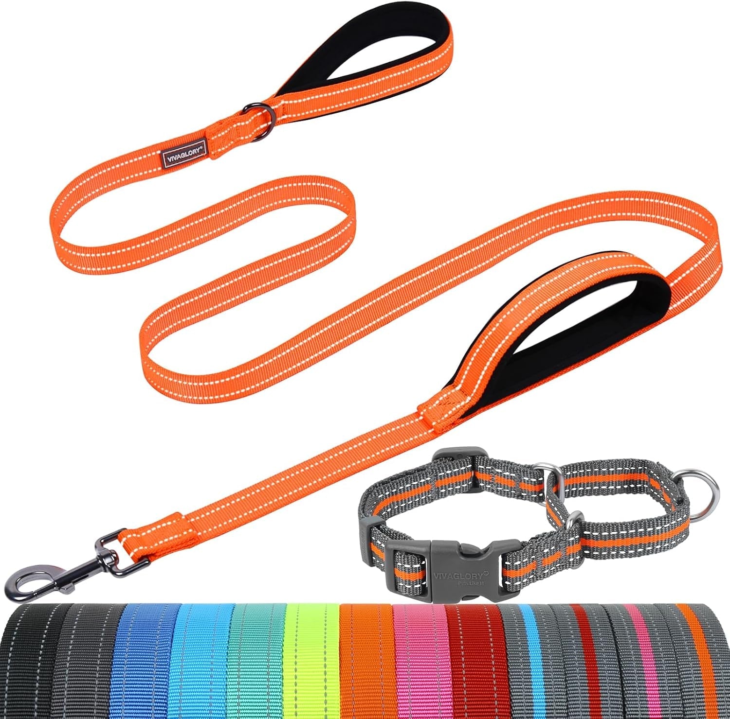 vivaglory-double-handle-dog-leash-twingrip-6ft-x-1in-navy-dog-leash-for-collar-with-traffic-handle-2-loop-for-walking-training-traffic-control-reflective-heavy-duty-puppy-pet