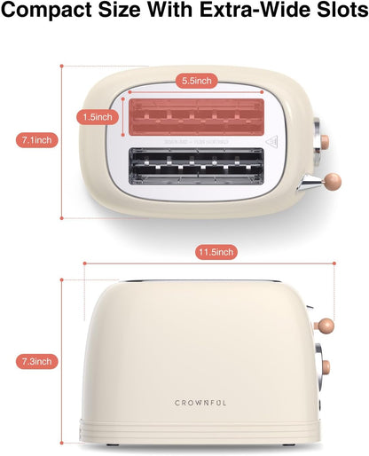 2-Slice Toaster, Extra Wide Slots Toaster, Retro Stainless Steel with Bagel, Cancel, Defrost, Reheat Function and 6-Shade Settings, Removal Crumb Tray, Cream2
