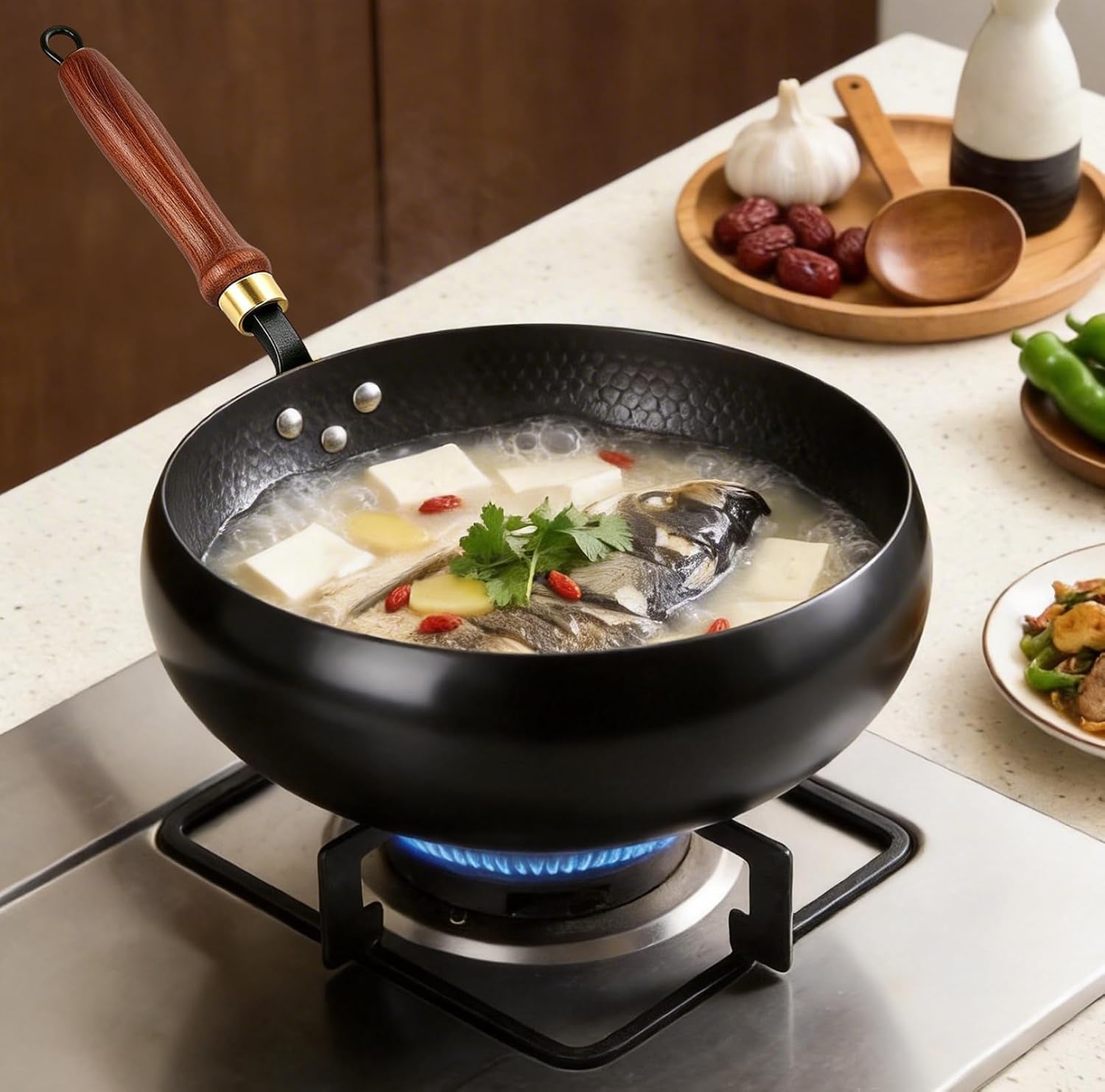 fast-heating-cast-iron-stir-fry-pan-deep-round-base-with-wooden-handle-24cm-hand-hammered-household-uncoated-cast-iron-wok-uncoated-thick-walled-cast-iron-potfor-stir-fry-sear-braise