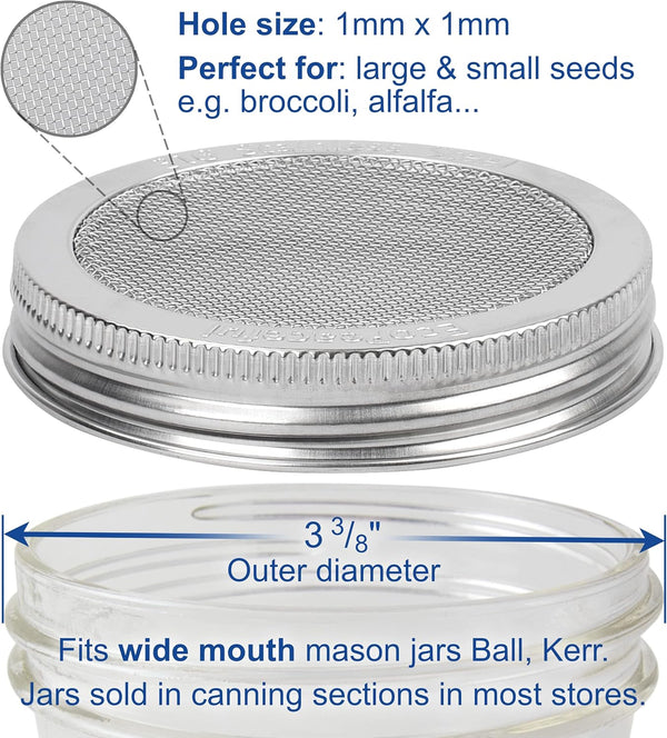 2 Pack ONE-PIECE 316 Surgical Stainless Steel Sprouting Lids for Wide Mouth Mason Jar (Ball Kerr) - One-Piece- Strainer Mesh Lids - Rust-Proof3