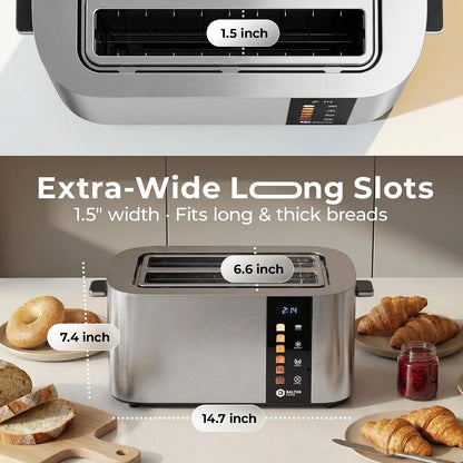 Toaster 4 Slice Wide Slot, Bagel Function, Long Slot, Stainless Steel, Touch Screen, Built-In Rack, Extra-Wide 1.5" Slots for Thick Breads & Bagel, Timer, Bpa-Free, 6 Levels, Removable Tray5