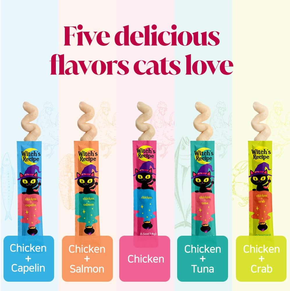 witchs-recipe-lickable-cat-treats-creamy-squeezable-puree-grain-free-100-tubes-chicken-tuna-salmon-goatmilk-capelin-flavors-0-5oz-each-tube
