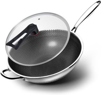 Wok Pan,Honeycomb Stainless Steel Wok Pan with Lid, 13.3 Inch Hybrid Nonstick Stir Fry Pan Flat Bottom, Induction Compatible, Dishwasher Safe, No Seasoning Needed (Serves 3-4)1