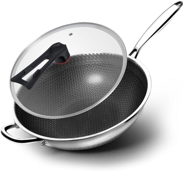 Wok Pan,Honeycomb Stainless Steel Wok Pan with Lid, 13.3 Inch Hybrid Nonstick Stir Fry Pan Flat Bottom, Induction Compatible, Dishwasher Safe, No Seasoning Needed (Serves 3-4)1
