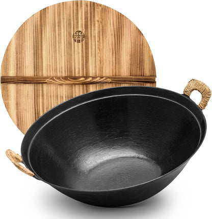 13.4 Inch Cast Iron Wok with Lid, Flat Bottom Chinese Stir Fry Pan, Uncoated Heavy Duty Wok Pan for Induction, Gas, Electric & Ceramic Stoves, Dual Handles1