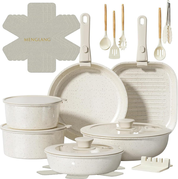 23-Piece Pots and Pans Set,Kitchen Nonstick Cookware Sets, White Granite Induction Cookware Nonstick Cooking Set with Frying Pans & Saucepans1