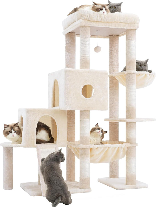 Hey-Brother Cat Tree Tower with 3 Condos, Step Climbing Pathway MPJ081G | 74.8 Inches Scratching Post with 3 House, Hammock, Large Basket, Cozy Bed, Sisal Board, Toys for Big Indoor Cats, Smoky Gray10