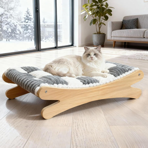 Plush Elevated Cat Bed - Cozy Raised Cat Hammock with Solid Wood Frame, Soft Furry Cushion for Indoor Cats & Small Dogs, Multi-Color Options(Black White)1