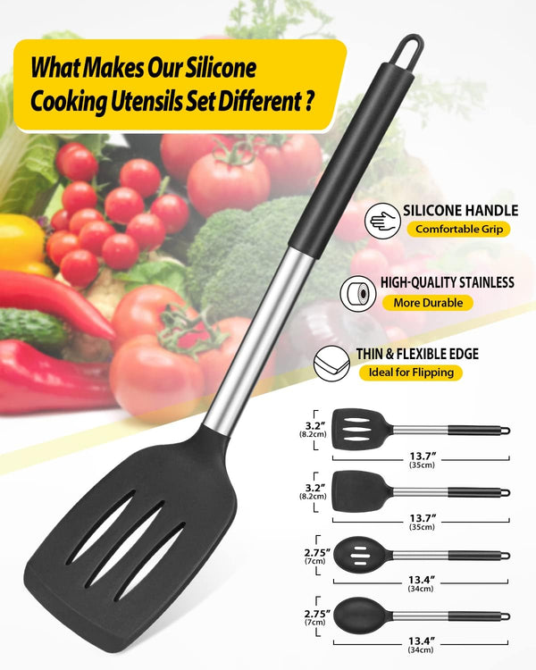 Pack of 4 Silicone Cooking Utensils Set, Non Stick Large Solid Spatulas, Heat Resistant Black Slotted Spoons, Ideal BPA Free Kitchen Turners for Frying, Mixing,Serving,Draining,Turning,Stirring2