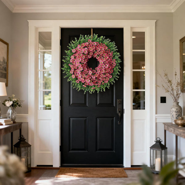 26" Artificial Eucalyptus with Flowers Wreath for Front Door (Rose Red) | Large Faux Eucalyptus & Morning Glory Flowers Wreath,Silk Flowers,For Home Front Porch Farmhouse Spring Summer Outdoor Decor9
