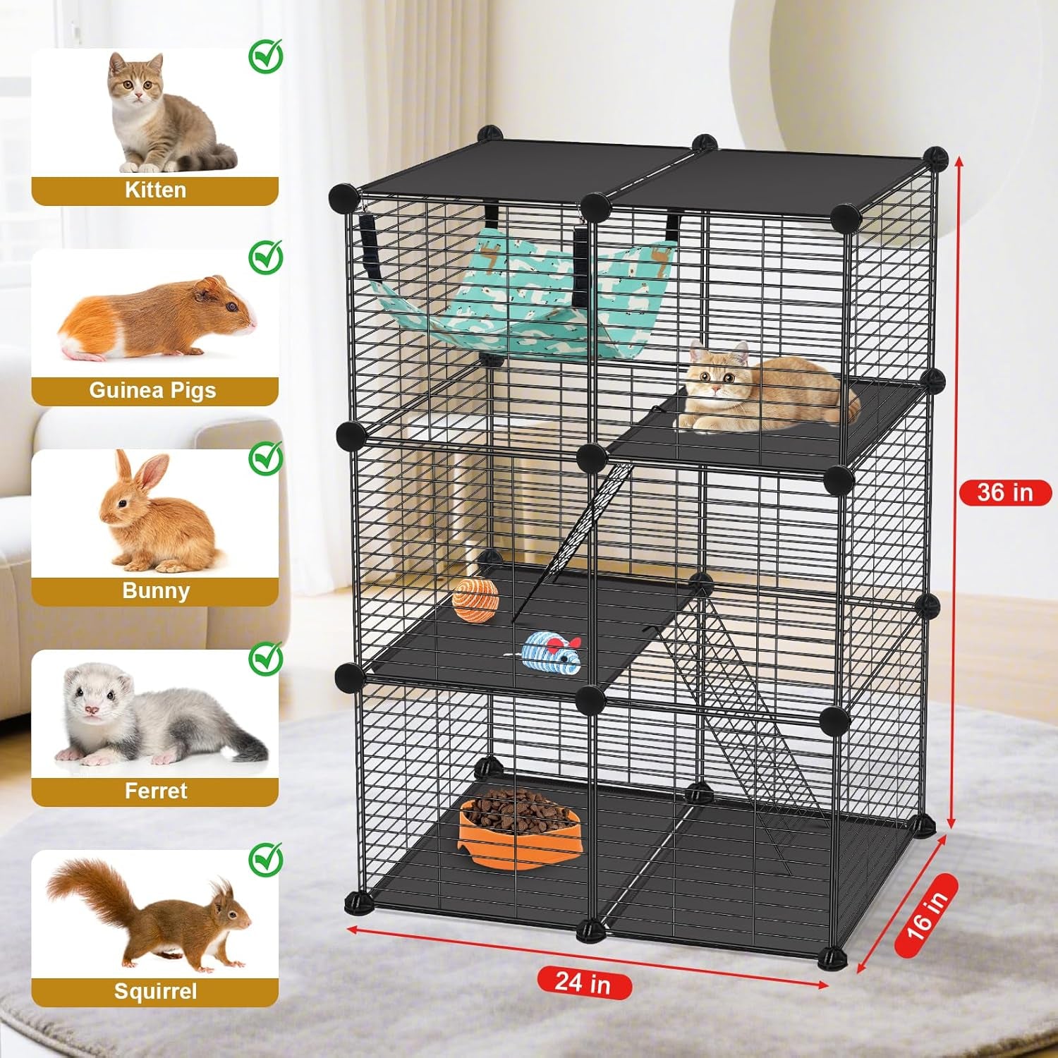 viscoo-cat-cagefor-kitten-3-tier-diy-catio-cat-enclosures-24x16x-36-cat-playpen-indoor-outdoor-with-hammock-detachable-metal-wire-cats-crate-exercise-place-for-squirrel-ferret