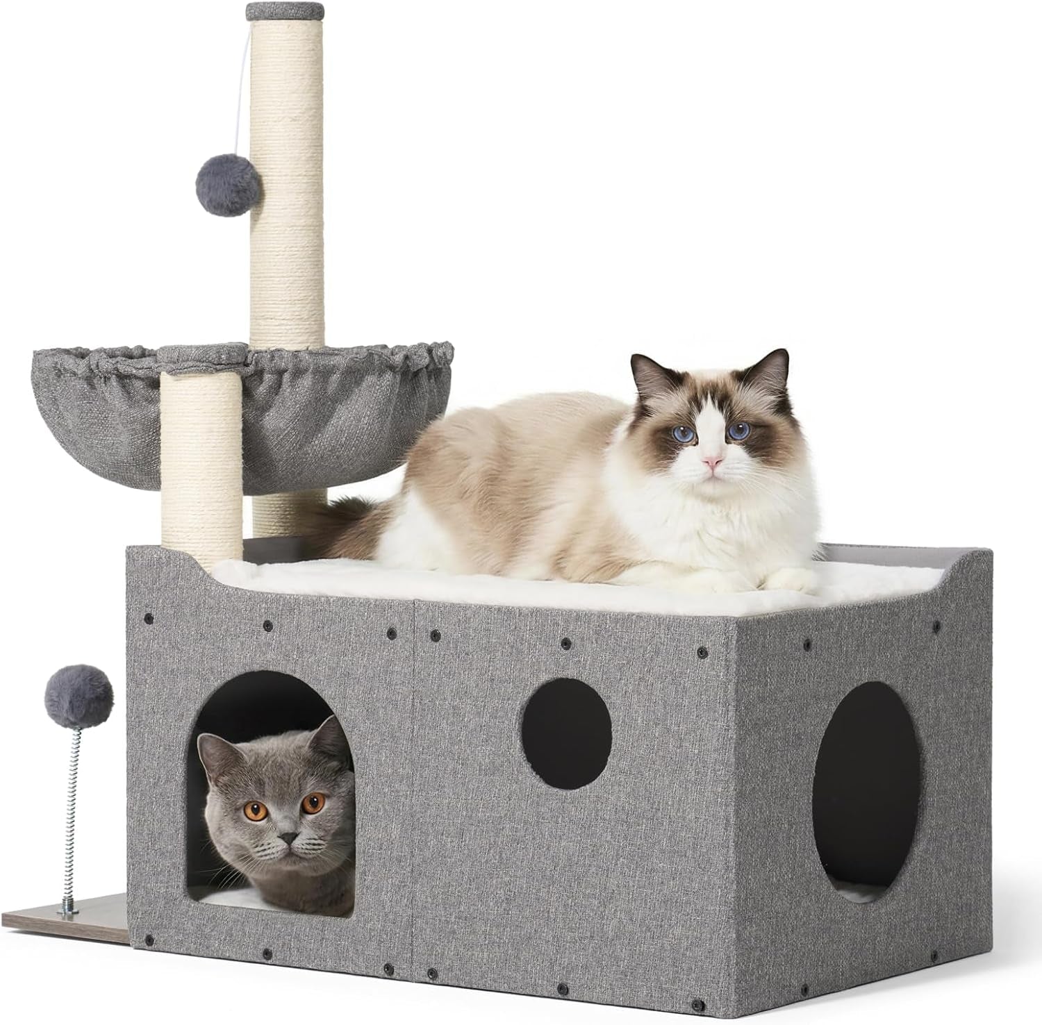 veehoo-extra-large-cat-house-bed-for-indoor-cats-29x16x31-9-sturdy-condo-cat-hideaway-with-scratching-post-foldable-cube-with-hammock-cave-with-2-plush-interactive-balls-for-multiple-cats-gray