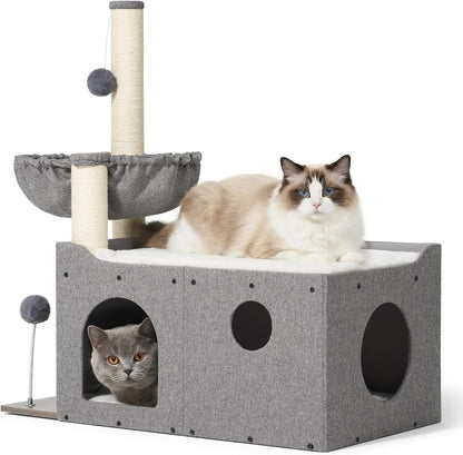 Veehoo Extra Large Cat House Bed for Indoor Cats, 29X16X31.9 Sturdy Condo | Cat Hideaway with Scratching Post, Foldable Cube with Hammock, Cave with 2 Plush Interactive Balls for Multiple Cats, Gray1