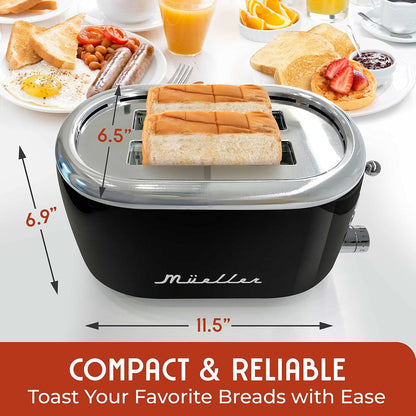 MUELLER HOME Retro Toaster 2 Slice, 7 Browning Levels | 3 Functions (Reheat, Defrost, Cancel), Stainless Steel Features, Removable Crumb Tray, under Base Cord Storage,3