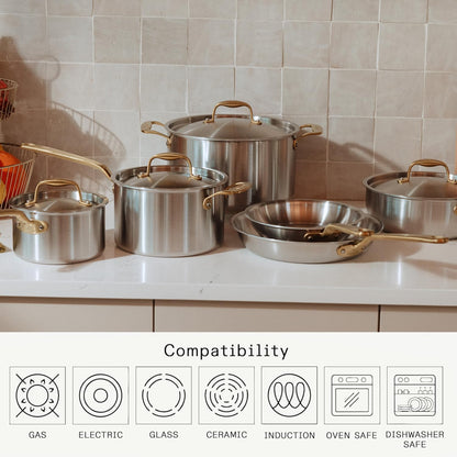 Made in Cookware - 10 Piece Stainless Steel Pot and Pan Set (Antique Brass Handle) - 5 Ply Clad - Includes Stainless Steel Frying Pans, Saucepans, Saucier and Stock Pot W/Lid - Crafted in Italy4