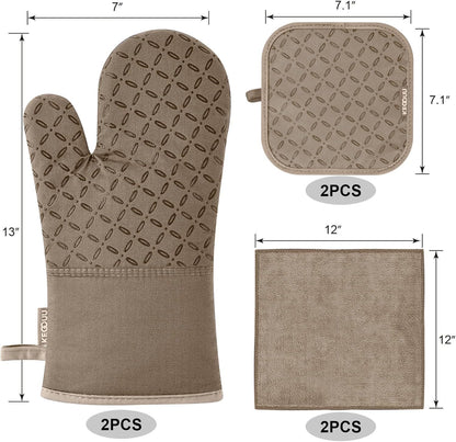 Oven Mitts and Pot Holders 6Pcs Set, Kitchen Oven Glove High Heat Resistant 500 Degree Extra Long Oven Mitts and Potholder with Non-Slip Silicone Surface for Cooking (Khaki)2