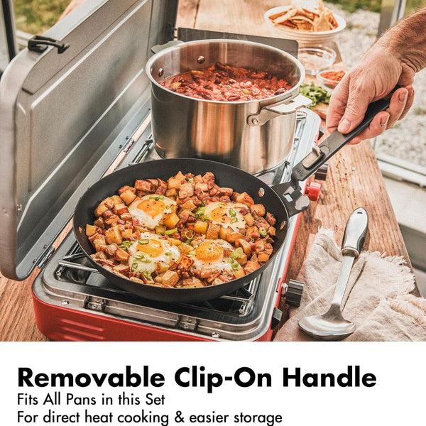 OXO Outdoor 8 Piece Camping Cookware Set, 10" Pre-Seasoned Carbon Steel Frying Pan Skillet, 2.25QT and 5QT Stainless Steel Saucepans with Lids, Removeable Handle, Trivet, Travel Bag, Space-Saving7