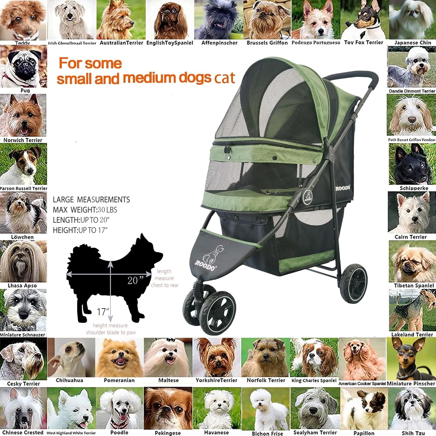 roodo-3-wheel-pet-stroller-best-lightweight-foldable-compact-portable-jogger-all-terrain-travel-pet-gear-puppy-kitty-stroller-for-up-to-30lbs-medium-small-dogs-and-catsgreen