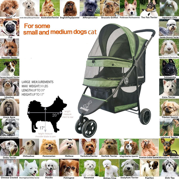 ROODO 3 Wheel Pet Stroller Best Lightweight Foldable Compact Portable Jogger All Terrain Travel Pet Gear Puppy Kitty Stroller for up to 30Lbs Medium Small Dogs and Cats(Green)6