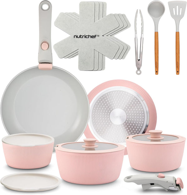 18-Piece Ceramic Cookware Set with Detachable Handles, Non Stick Pots and Pans, Ptfe-Free Natural Ceramic Coating, Space-Saving Design, Oven & Stove Safe, Includes Utensils, Pink1