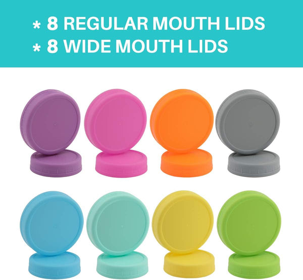 [16 Pack] Colored Plastic Mason Jar Lids Fits Ball, Kerr & More - 8 Wide Mouth & 8 Regular Mouth - Storage Caps for Canning Jars, Dishwasher Safe & Food Grade & Leakproof8