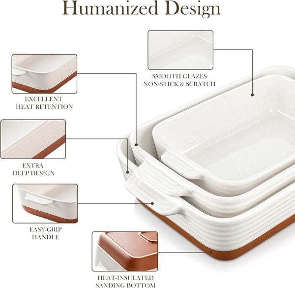 Casserole Dishes for Oven, Ceramic Baking Dishes Set of 3, Baking Pan Casserole Dish Set, Rectangular Lasagna Pan Deep with Handles for Baking, Khaki White (14.5''/13''/10.5''), Series TARA5