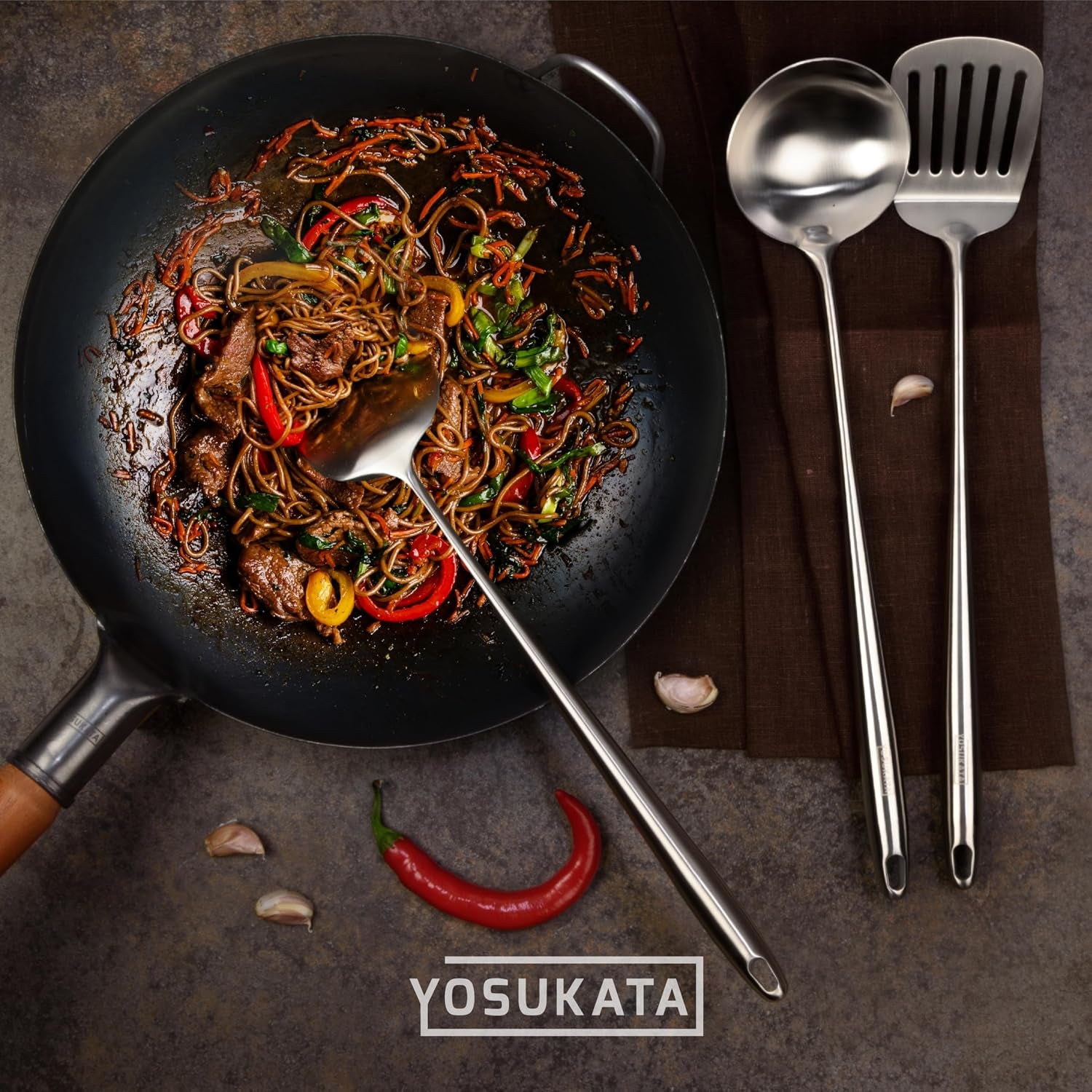 carbon-steel-11-8-stir-fry-wok-pan-pre-seasoned-chinese-wok-with-flat-bottom-black-wok-for-induction-gas-stovetops-17-wok-spatula-and-ladle-and-turner-spatula-stainless-stee