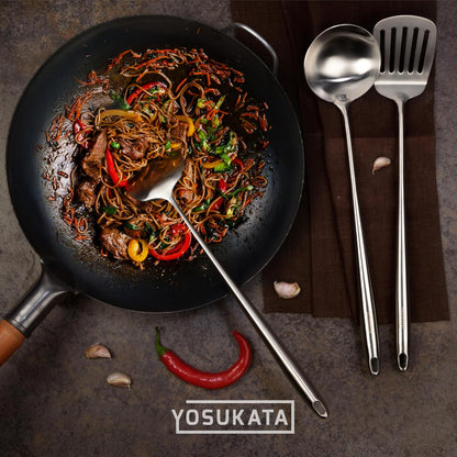 Carbon Steel 11.8" Stir Fry Wok Pan - Pre-Seasoned Chinese Wok with Flat Bottom, Black Wok for Induction Gas Stovetops + 17" Wok Spatula and Ladle and Turner Spatula - Stainless Stee8