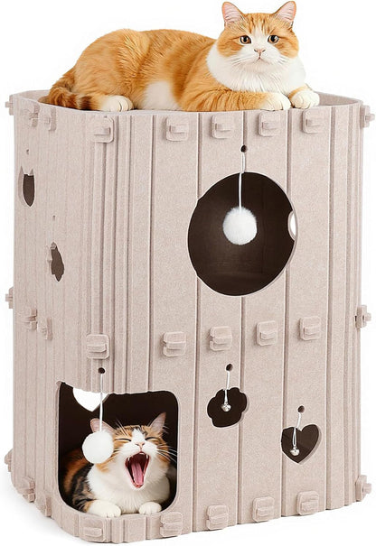 Cat House for Indoor Cats - 2-Story Enclosed Cat Bed Cave for Multiple & Large Cats, Felt Covered Pet Hideaway Tunnel Condo House, Kitty Hut Hideout Cube, Scratch Resistant, Beige1