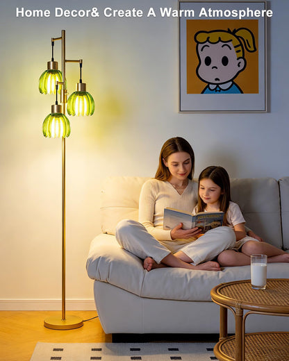 Glass Floor Lamp Green Lotus Flower Shade Dimmable Gold Floor Lamp | 3000K Bulbs Included 3-Light Modern Tall Floral Standing Lamp with 5Lbs Heavy Base for Living Room/Bedroom/Sofa Beside/Decor4