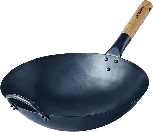 14 Inch Carbon Steel Wok with round Bottom-Free Chemical Cookware for Gas Stoves, Open Fire-Hand Hammered Chinese Traditional Wok with Bamboo Handle(No Lid Included)1